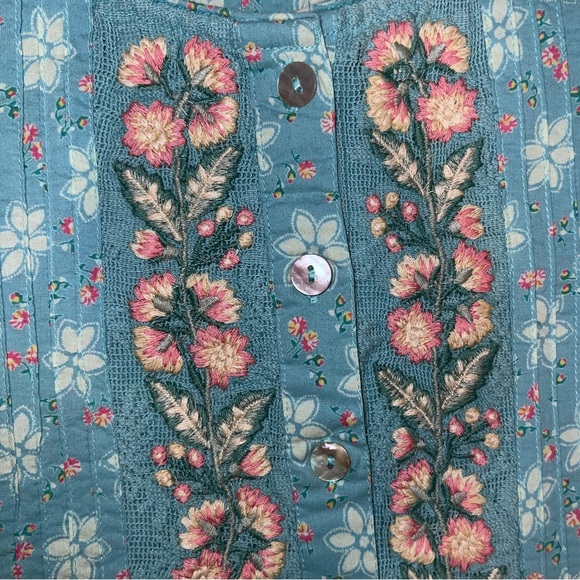 April Cornell Floral Embroidered Button Front Midi Dress Blue Lace Trim Large - Picture 10 of 14